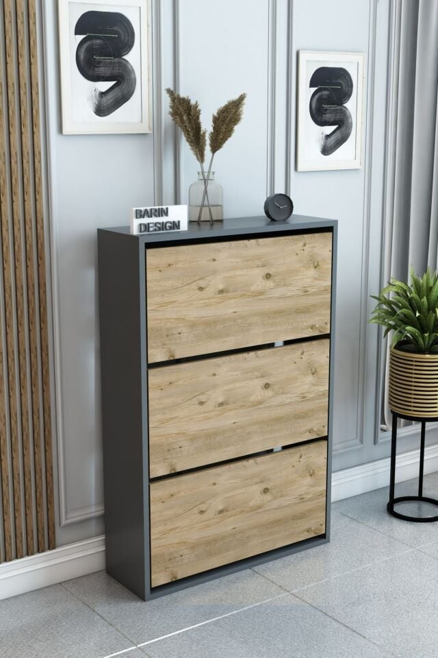 3 Raflı Ayakkabılık Düşer Kapak Kayar Kapak Vestiyer Portmanto Katlı Bölmeli Kapı Önü Modern Atlantik Çam-Antrasit