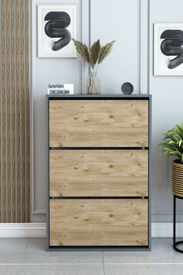 3 Raflı Ayakkabılık Düşer Kapak Kayar Kapak Vestiyer Portmanto Katlı Bölmeli Kapı Önü Modern Atlantik Çam-Antrasit