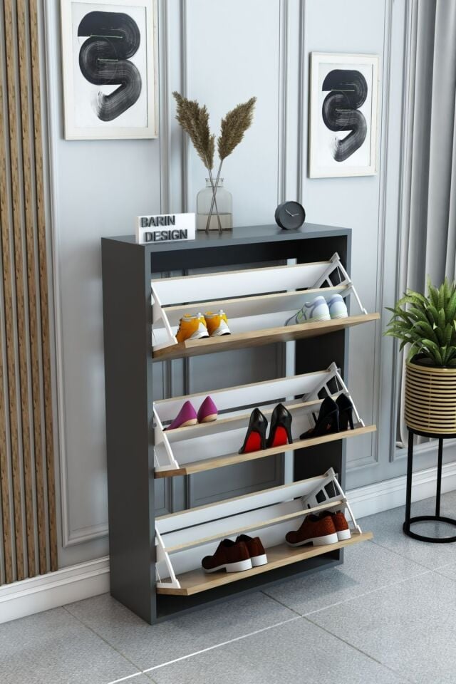 3 Raflı Ayakkabılık Düşer Kapak Kayar Kapak Vestiyer Portmanto Katlı Bölmeli Kapı Önü Modern Atlantik Çam-Antrasit