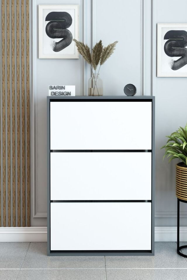 3 Raflı Ayakkabılık Düşer Kapak Kayar Kapak Vestiyer Portmanto Katlı Bölmeli Kapı Önü Modern Antrasit-Beyaz