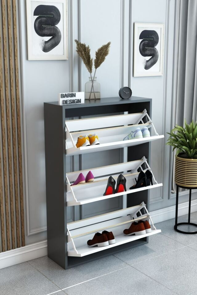 3 Raflı Ayakkabılık Düşer Kapak Kayar Kapak Vestiyer Portmanto Katlı Bölmeli Kapı Önü Modern Antrasit-Beyaz