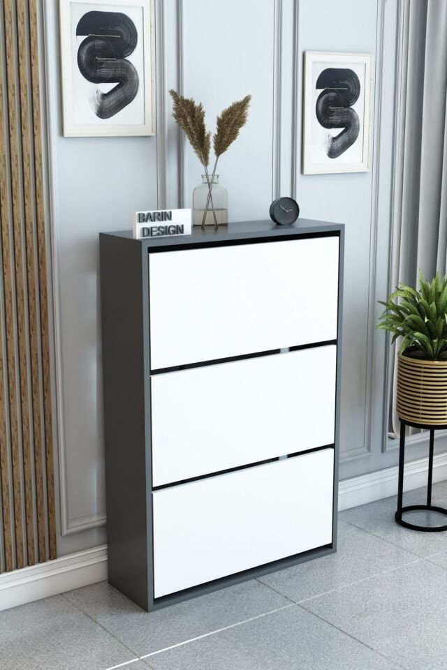 3 Raflı Ayakkabılık Düşer Kapak Kayar Kapak Vestiyer Portmanto Katlı Bölmeli Kapı Önü Modern Antrasit-Beyaz