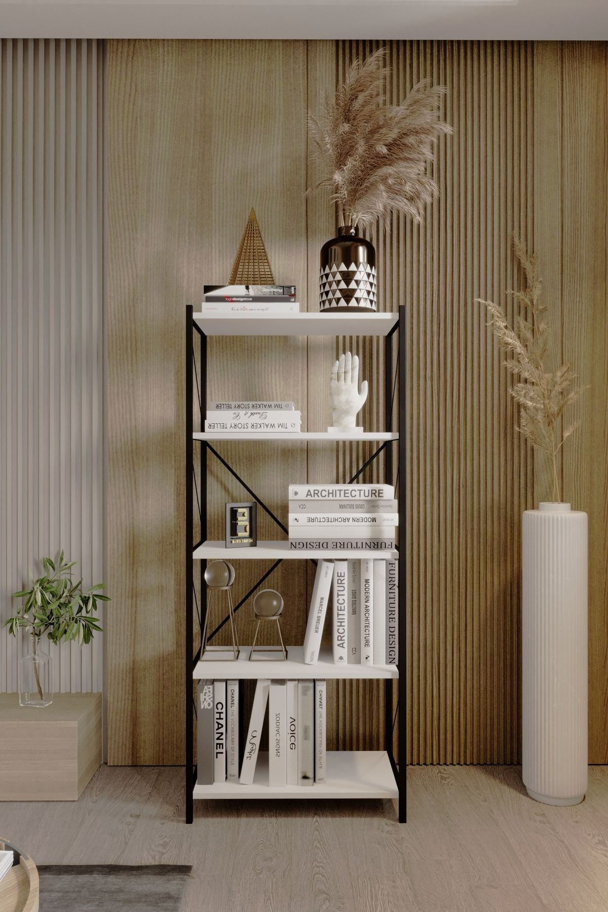 5 Raflı Kitaplık Demir Profil Modern İskandinav Çalışma Odası Ofis Salon Kitaplığı Evrak Rafı Metal Beyaz