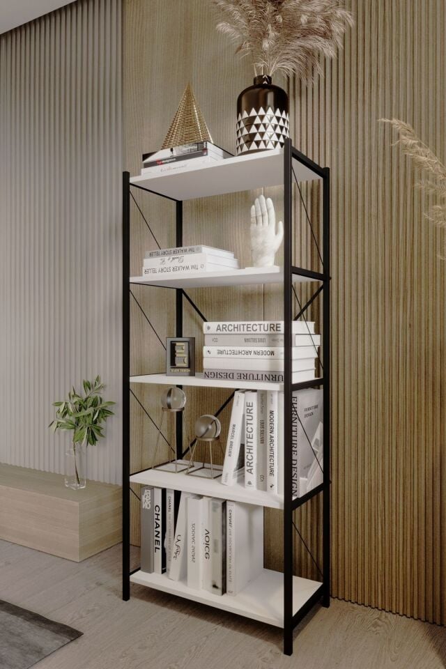 5 Raflı Kitaplık Demir Profil Modern İskandinav Çalışma Odası Ofis Salon Kitaplığı Evrak Rafı Metal Beyaz