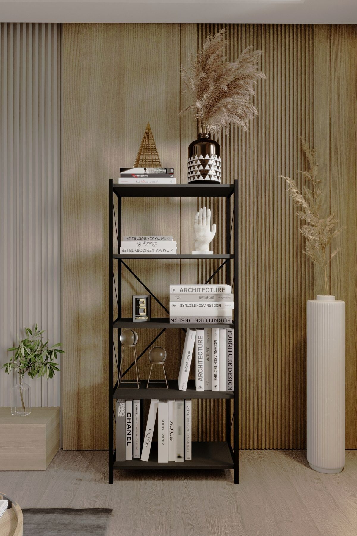 5 Raflı Kitaplık Demir Profil Modern İskandinav Çalışma Odası Ofis Salon Kitaplığı Evrak Rafı Metal Antrasit