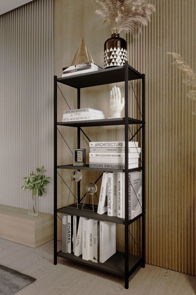 5 Raflı Kitaplık Demir Profil Modern İskandinav Çalışma Odası Ofis Salon Kitaplığı Evrak Rafı Metal Antrasit