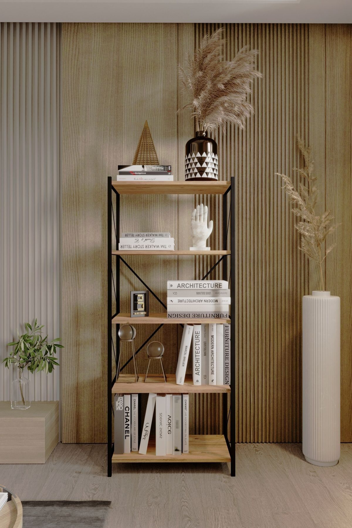 5 Raflı Kitaplık Demir Profil Modern İskandinav Çalışma Odası Ofis Salon Kitaplığı Evrak Rafı Metal Atlantik Çam