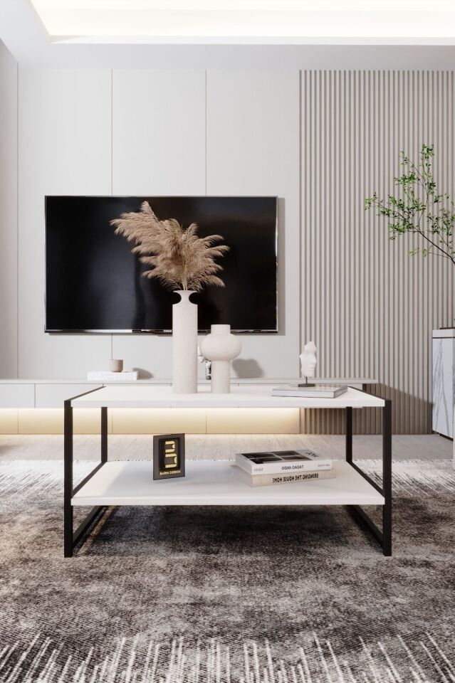 Modern & Şık Orta Sehpa Metal Çerçeve ile Dayanıklı Tasarım, Minimalist ve Fonksiyonel, Salon ,Ofis Beyaz