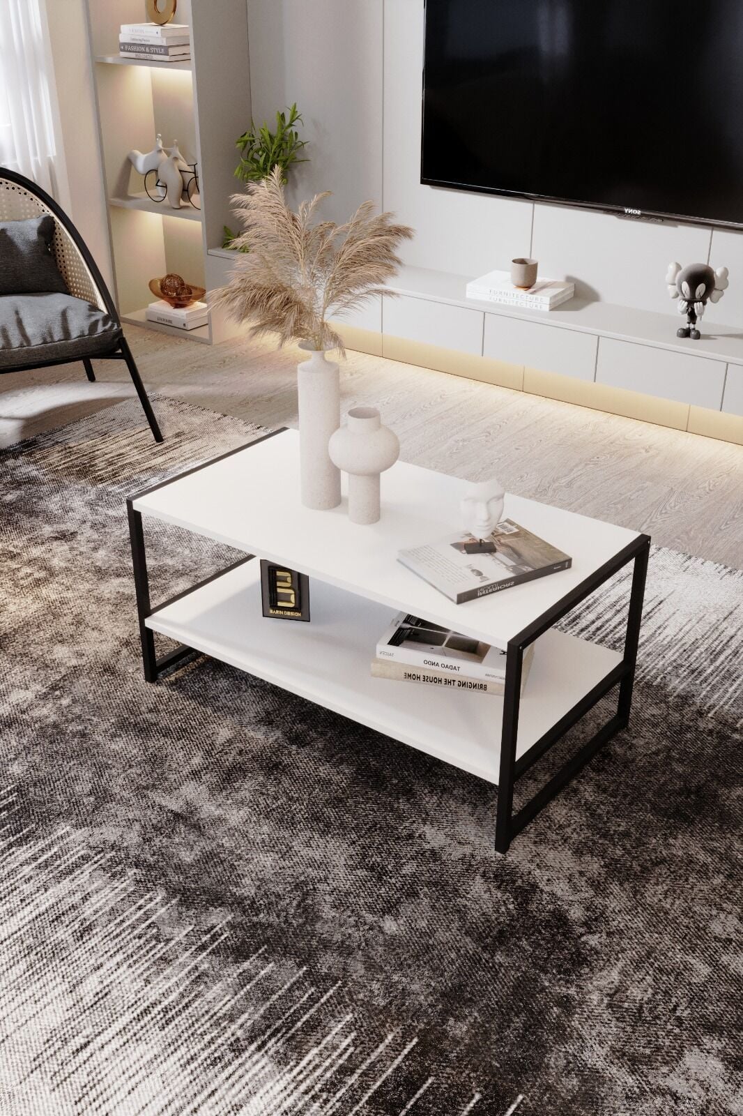 Barın Design Modern & Şık Orta Sehpa Metal Çerçeve ile Dayanıklı Tasarım, Minimalist ve Fonksiyonel, Salon ,Ofis Beyaz