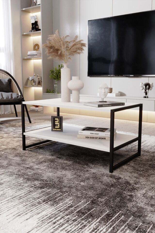 Modern & Şık Orta Sehpa Metal Çerçeve ile Dayanıklı Tasarım, Minimalist ve Fonksiyonel, Salon ,Ofis Beyaz