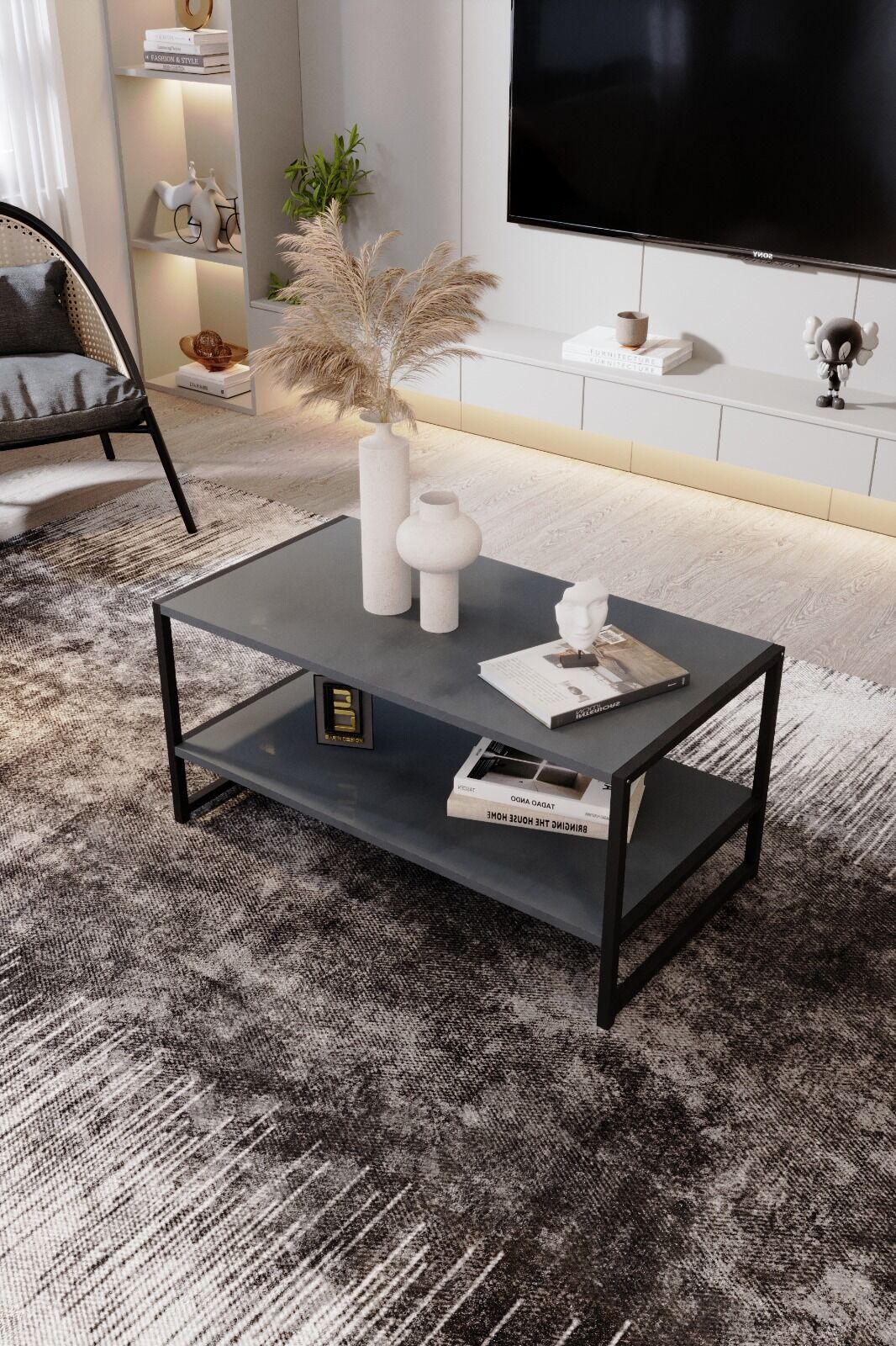 Modern & Şık Orta Sehpa Metal Çerçeve ile Dayanıklı Tasarım, Minimalist ve Fonksiyonel, Salon ,Ofis Antrasit