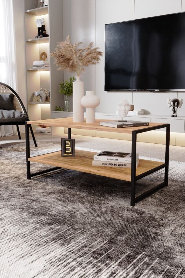 Modern & Şık Orta Sehpa Metal Çerçeve ile Dayanıklı Tasarım, Minimalist ve Fonksiyonel, Salon ,Ofis Atlantik Çam