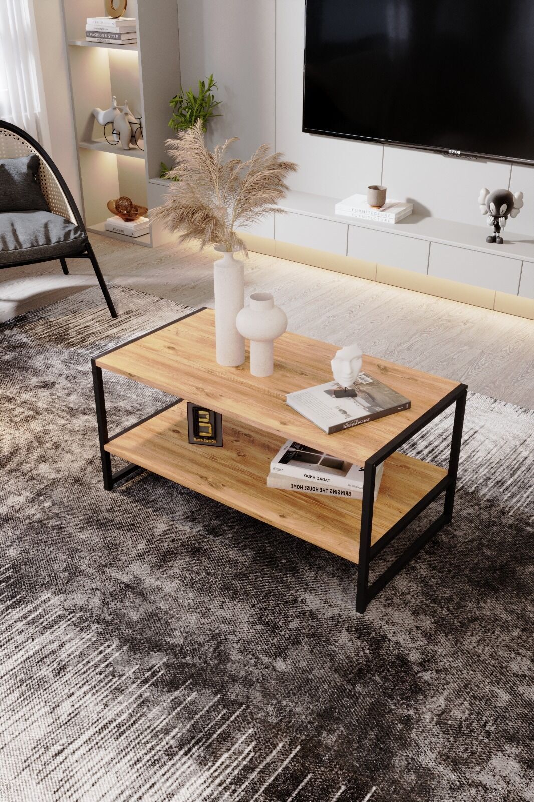 Modern & Şık Orta Sehpa Metal Çerçeve ile Dayanıklı Tasarım, Minimalist ve Fonksiyonel, Salon ,Ofis Atlantik Çam