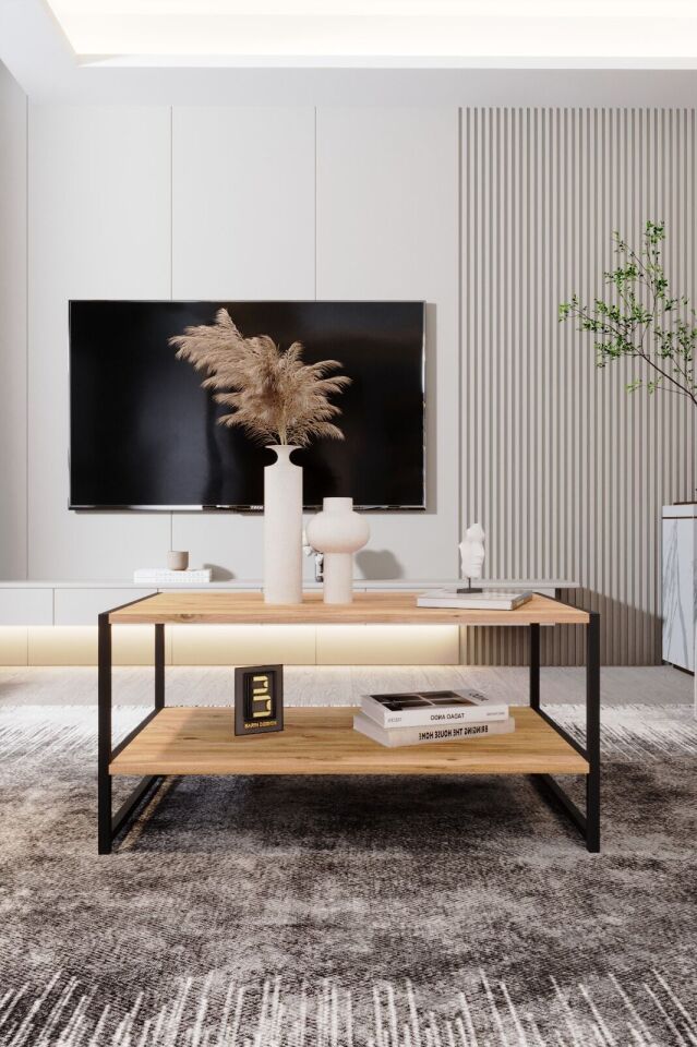 Modern & Şık Orta Sehpa Metal Çerçeve ile Dayanıklı Tasarım, Minimalist ve Fonksiyonel, Salon ,Ofis Atlantik Çam