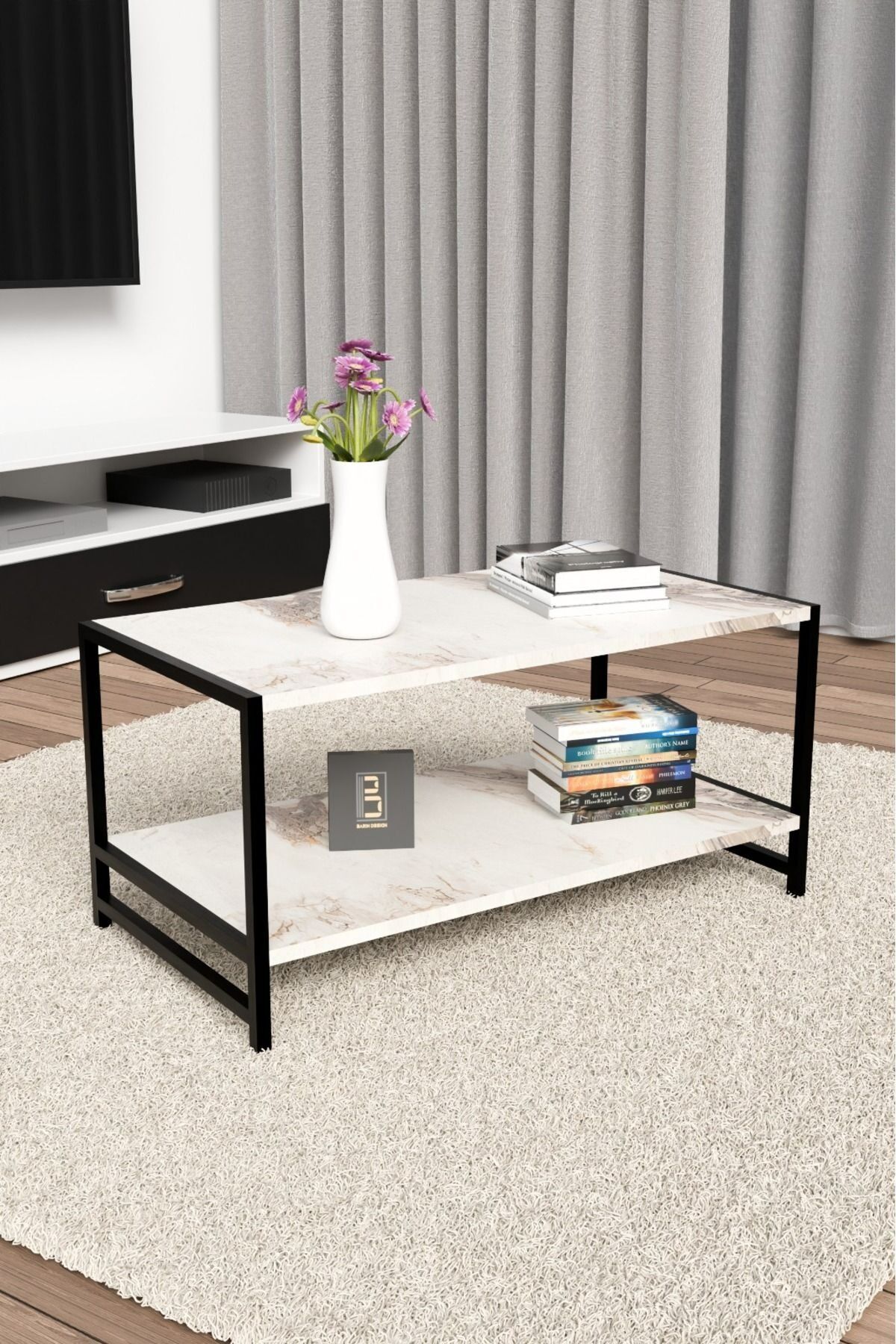 Modern & Şık Orta Sehpa Metal Çerçeve ile Dayanıklı Tasarım, Minimalist ve Fonksiyonel, Salon ,Ofis Beyaz Mermer