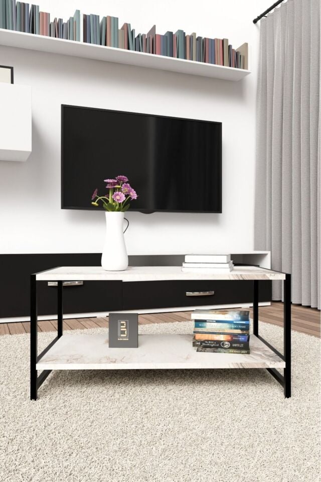 Modern & Şık Orta Sehpa Metal Çerçeve ile Dayanıklı Tasarım, Minimalist ve Fonksiyonel, Salon ,Ofis Beyaz Mermer