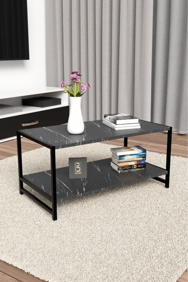 Modern & Şık Orta Sehpa Metal Çerçeve ile Dayanıklı Tasarım, Minimalist ve Fonksiyonel, Salon ,Ofis Siyah Mermer