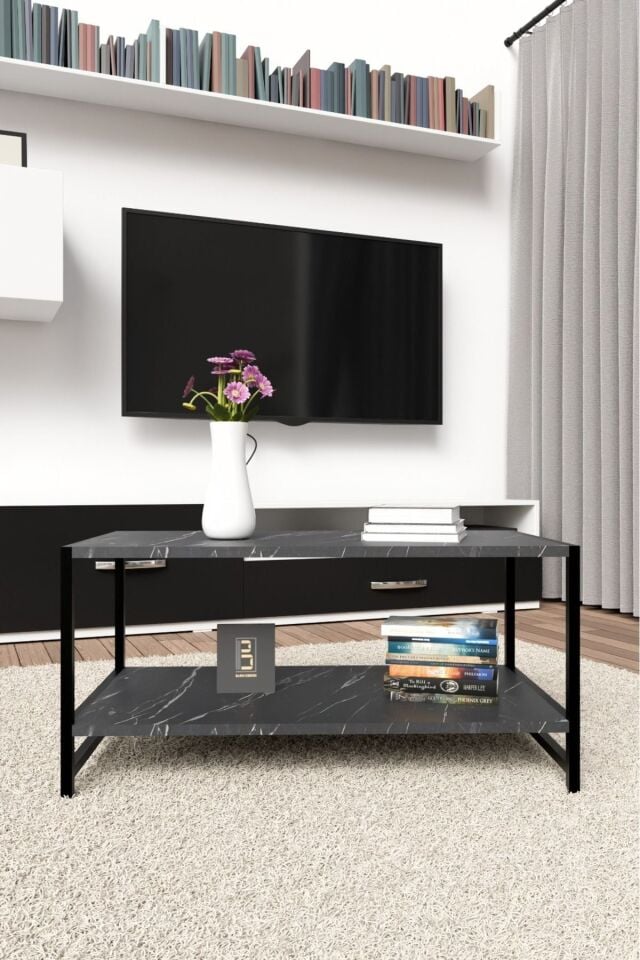 Modern & Şık Orta Sehpa Metal Çerçeve ile Dayanıklı Tasarım, Minimalist ve Fonksiyonel, Salon ,Ofis Siyah Mermer