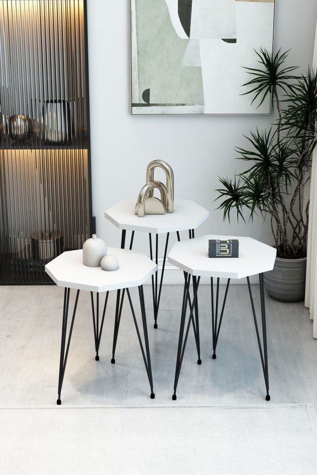 3'lü Sekizgen Zigon Sehpa Seti - Siyah Metal Ayaklı, Modern & Şık Yan Sehpa, Dayanıklı Salon Ofis Beyaz