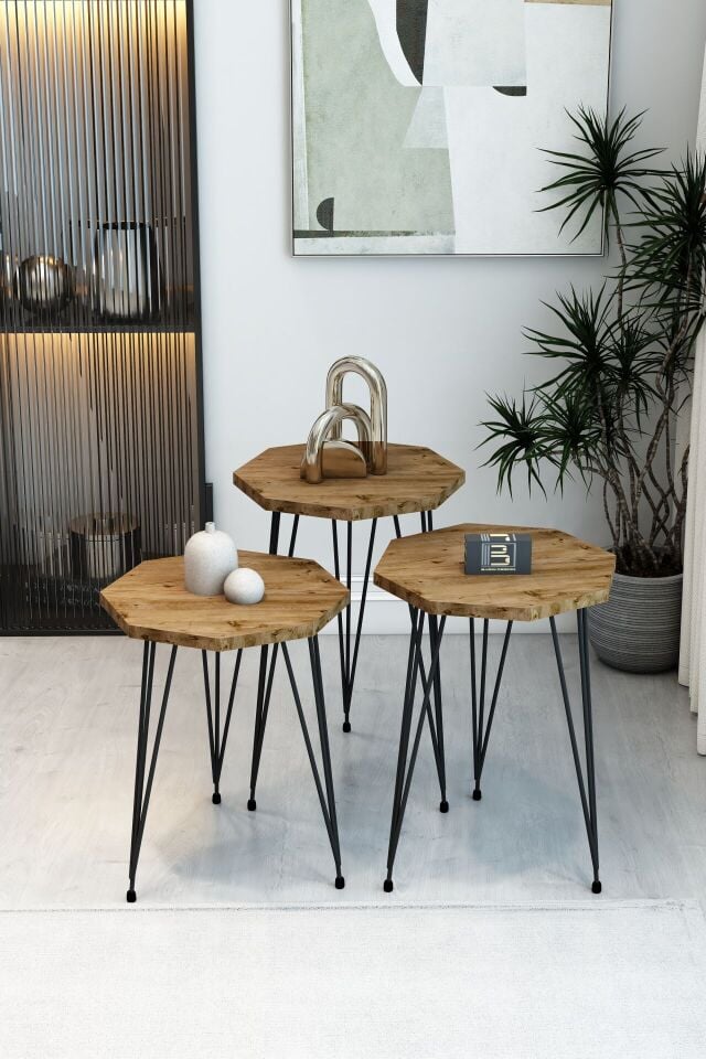 3'lü Sekizgen Zigon Sehpa Seti - Siyah Metal Ayaklı, Modern & Şık Yan Sehpa, Dayanıklı Salon Ofis Atlantik Çam