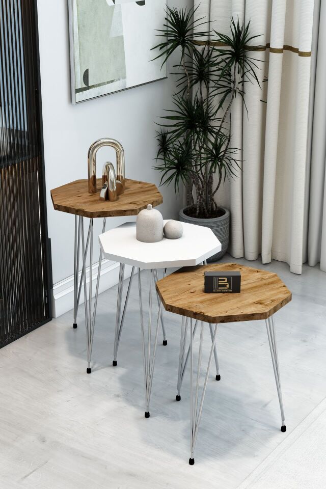 3'lü Sekizgen Zigon Sehpa Seti - Siyah Metal Ayaklı, Modern & Şık Yan Sehpa, Dayanıklı Salon Ofis 1 Beyaz 2 Atlantik Çam