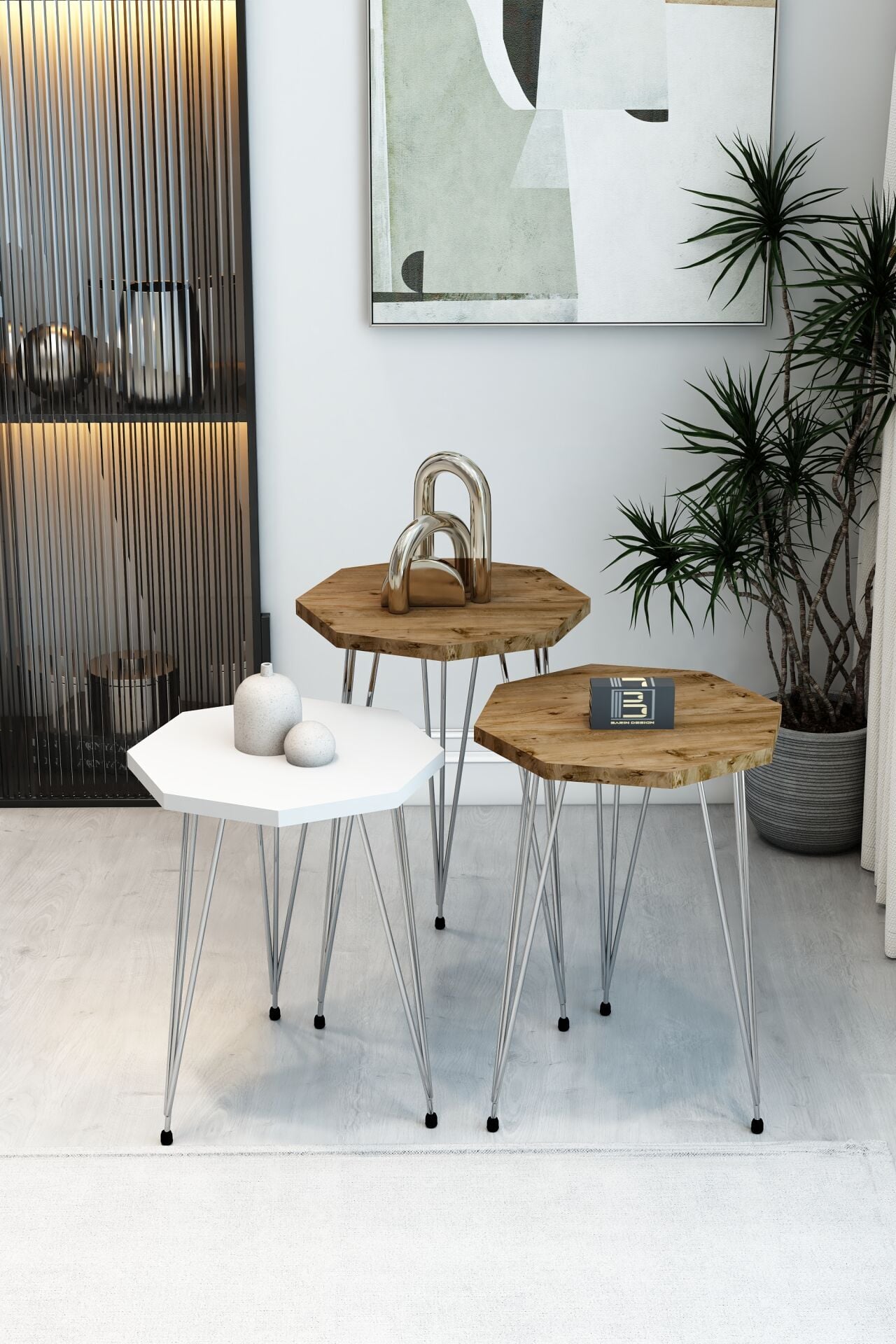 Barın Design 3'lü Sekizgen Zigon Sehpa Seti - Siyah Metal Ayaklı, Modern & Şık Yan Sehpa, Dayanıklı Salon Ofis 1 Beyaz 2 Atlantik Çam
