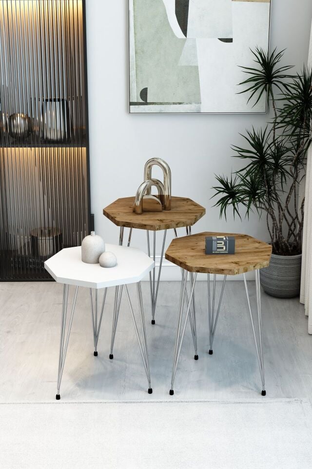 3'lü Sekizgen Zigon Sehpa Seti - Siyah Metal Ayaklı, Modern & Şık Yan Sehpa, Dayanıklı Salon Ofis 1 Beyaz 2 Atlantik Çam