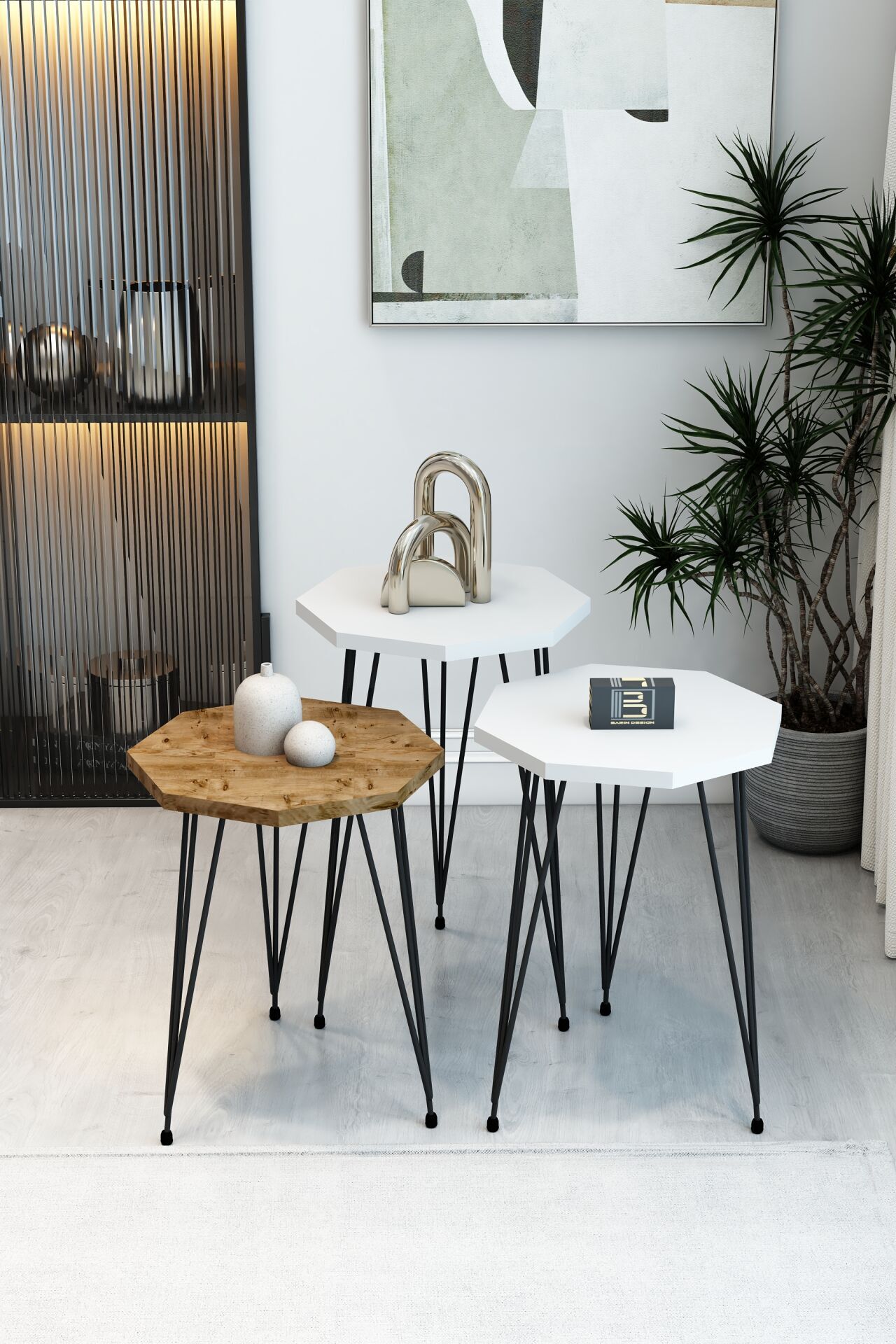 3'lü Sekizgen Zigon Sehpa Seti - Siyah Metal Ayaklı, Modern & Şık Yan Sehpa, Dayanıklı Salon Ofis 2 Beyaz 1 Atlantik Çam