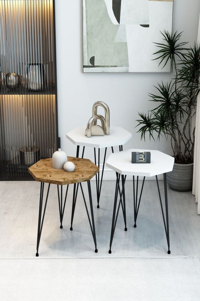 3'lü Sekizgen Zigon Sehpa Seti - Siyah Metal Ayaklı, Modern & Şık Yan Sehpa, Dayanıklı Salon Ofis 2 Beyaz 1 Atlantik Çam