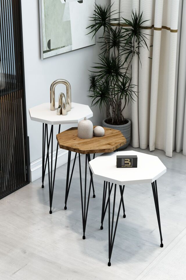 3'lü Sekizgen Zigon Sehpa Seti - Siyah Metal Ayaklı, Modern & Şık Yan Sehpa, Dayanıklı Salon Ofis 2 Beyaz 1 Atlantik Çam