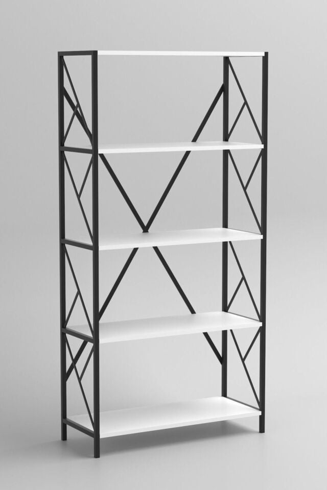 5 Geniş Raflı Kitaplık Metal Çerçeveli Modern Raf Çalışma Odası Ofis Salon Kitaplığı Evrak Rafı 180 cm Beyaz