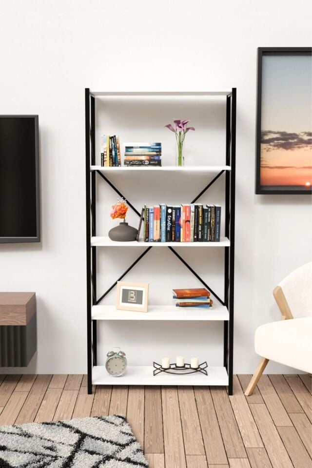 5 Geniş Raflı Kitaplık Metal Çerçeveli Modern Raf Çalışma Odası Ofis Salon Kitaplığı Evrak Rafı 180 cm Beyaz