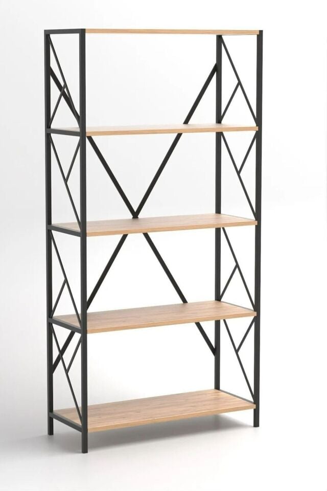 5 Geniş Raflı Kitaplık Metal Çerçeveli Modern Raf Çalışma Odası Ofis Salon Kitaplığı Evrak Rafı 180 cm Atlantik Çam