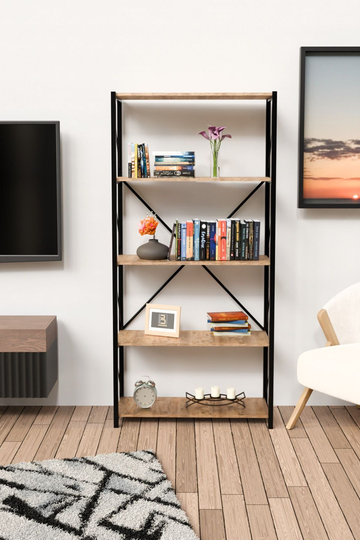 5 Geniş Raflı Kitaplık Metal Çerçeveli Modern Raf Çalışma Odası Ofis Salon Kitaplığı Evrak Rafı 180 cm Atlantik Çam