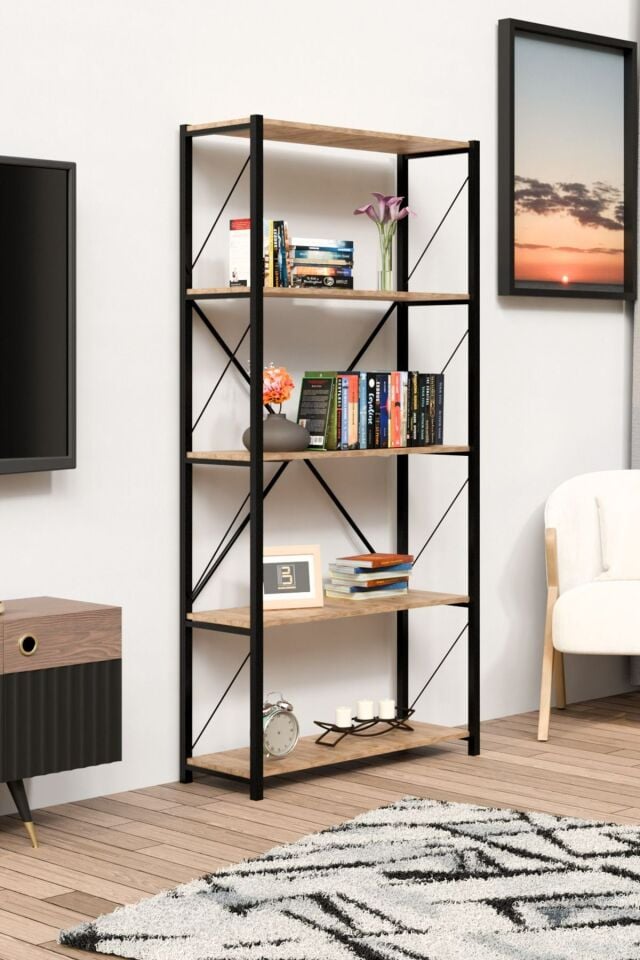 5 Geniş Raflı Kitaplık Metal Çerçeveli Modern Raf Çalışma Odası Ofis Salon Kitaplığı Evrak Rafı 180 cm Atlantik Çam