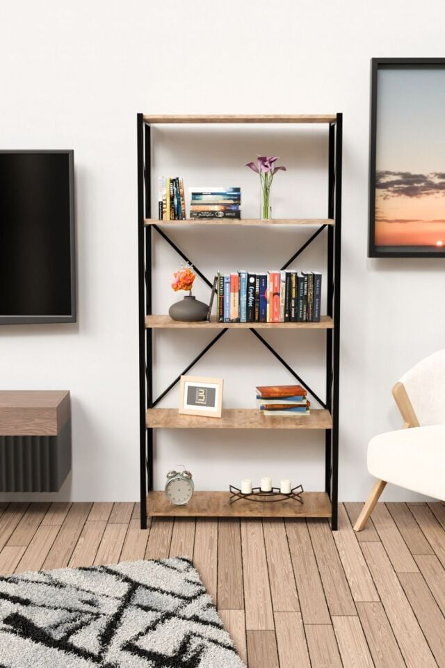 5 Geniş Raflı Kitaplık Metal Çerçeveli Modern Raf Çalışma Odası Ofis Salon Kitaplığı Evrak Rafı 180 cm Atlantik Çam