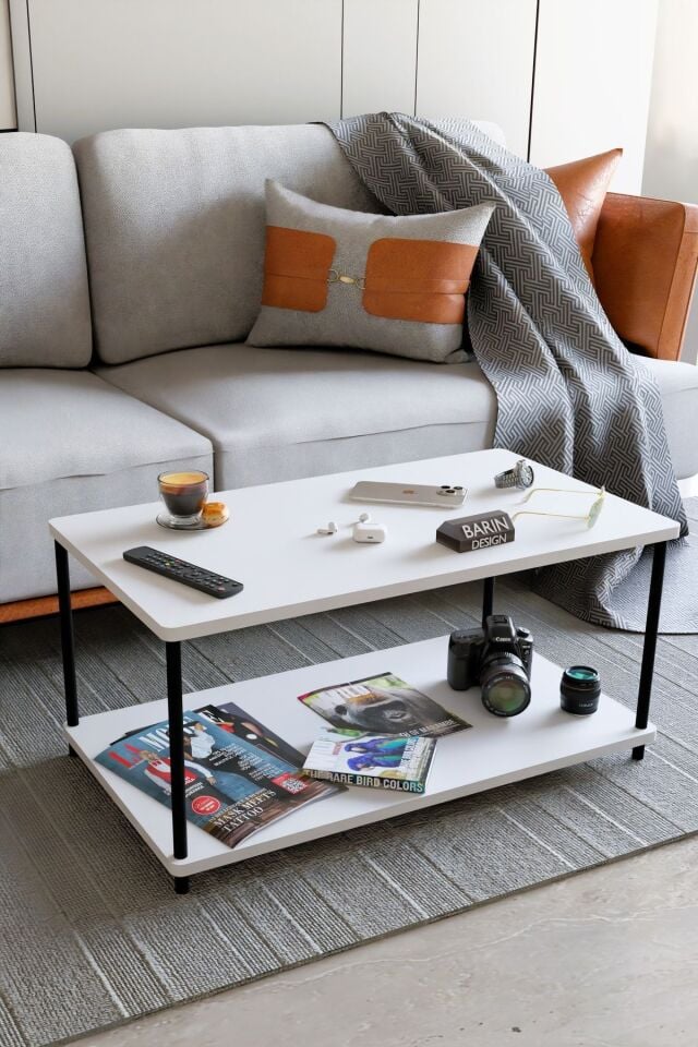 Çevir Tak Dikdörtgen Orta Sehpa 2 Raflı Salon ve Ofis Dekorasyonunda Tamamlayıcı Dekoratif Şık Sehpa Beyaz