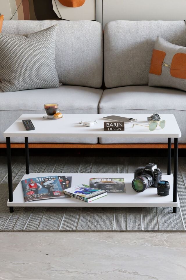 Çevir Tak Dikdörtgen Orta Sehpa 2 Raflı Salon ve Ofis Dekorasyonunda Tamamlayıcı Dekoratif Şık Sehpa Beyaz