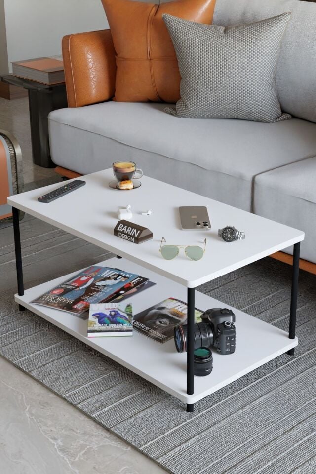 Çevir Tak Dikdörtgen Orta Sehpa 2 Raflı Salon ve Ofis Dekorasyonunda Tamamlayıcı Dekoratif Şık Sehpa Beyaz