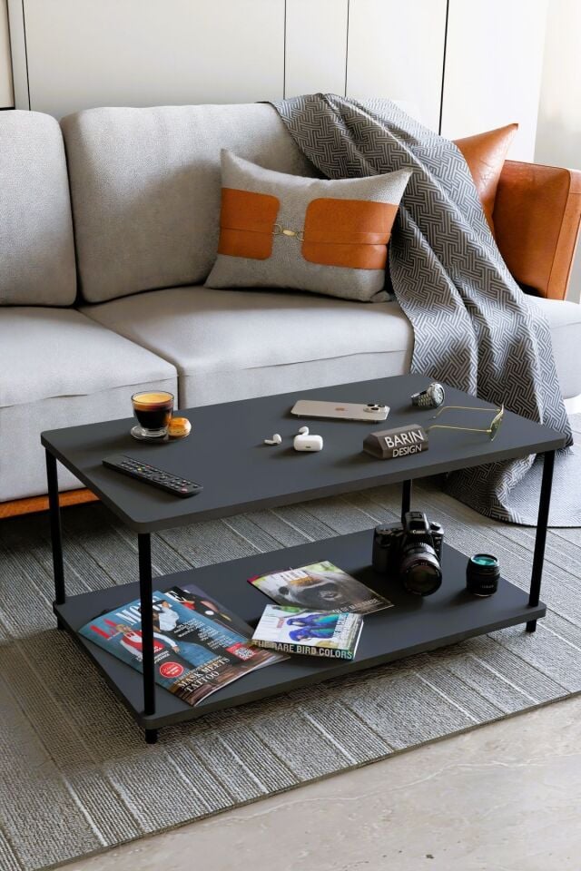 Çevir Tak Dikdörtgen Orta Sehpa 2 Raflı Salon ve Ofis Dekorasyonunda Tamamlayıcı Dekoratif Şık Sehpa Antrasit