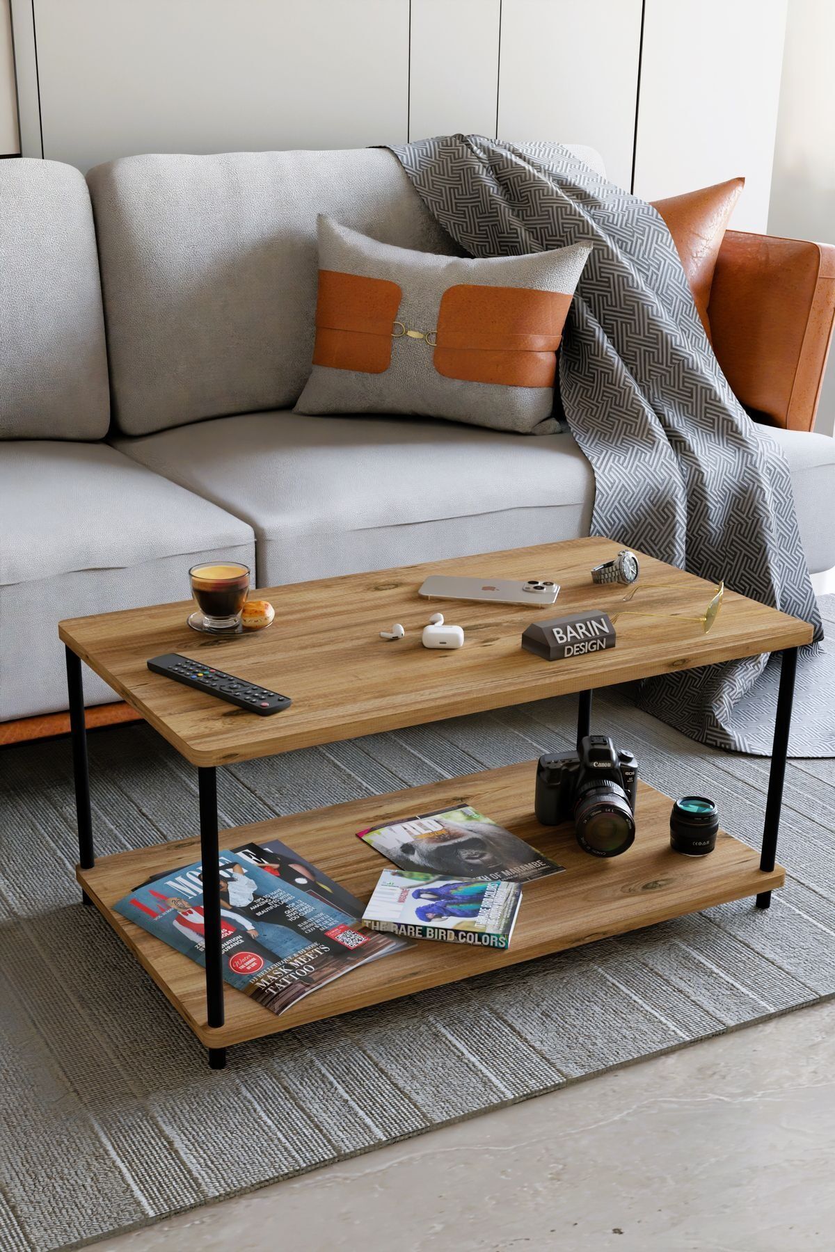 Çevir Tak Dikdörtgen Orta Sehpa 2 Raflı Salon ve Ofis Dekorasyonunda Tamamlayıcı Dekoratif Şık Sehpa Atlantik Çam