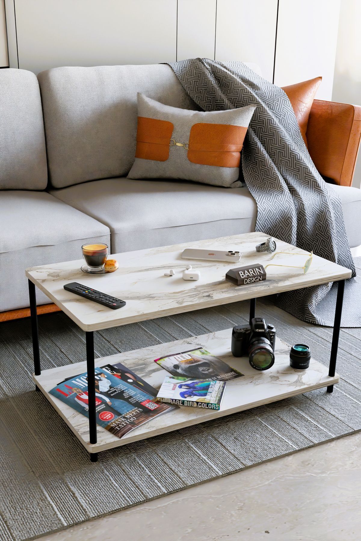 Çevir Tak Dikdörtgen Orta Sehpa 2 Raflı Salon ve Ofis Dekorasyonunda Tamamlayıcı Dekoratif Şık Sehpa Beyaz Mermer