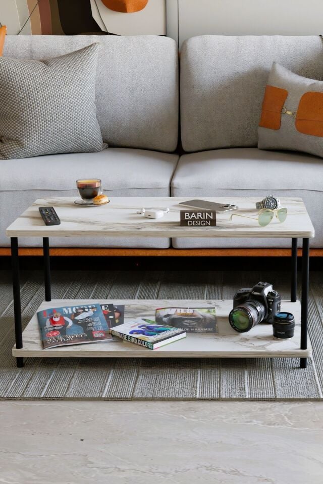 Çevir Tak Dikdörtgen Orta Sehpa 2 Raflı Salon ve Ofis Dekorasyonunda Tamamlayıcı Dekoratif Şık Sehpa Beyaz Mermer