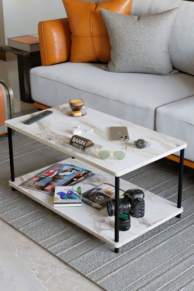 Çevir Tak Dikdörtgen Orta Sehpa 2 Raflı Salon ve Ofis Dekorasyonunda Tamamlayıcı Dekoratif Şık Sehpa Beyaz Mermer