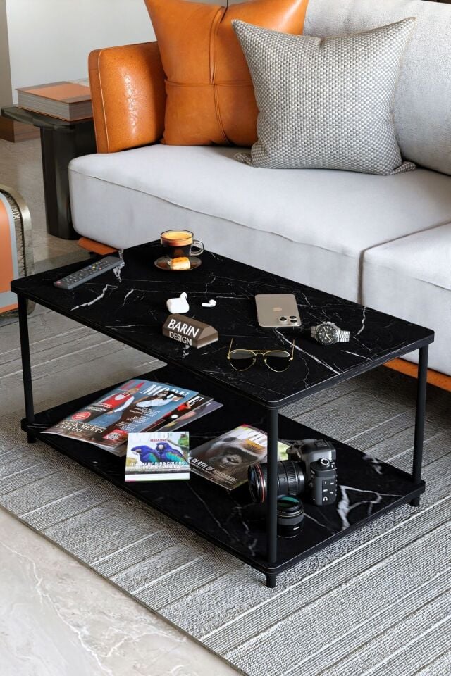 Çevir Tak Dikdörtgen Orta Sehpa 2 Raflı Salon ve Ofis Dekorasyonunda Tamamlayıcı Dekoratif Şık Sehpa Siyah Mermer