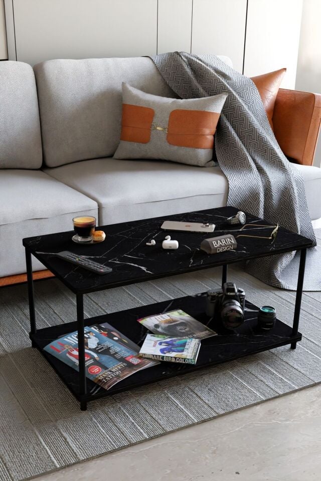 Çevir Tak Dikdörtgen Orta Sehpa 2 Raflı Salon ve Ofis Dekorasyonunda Tamamlayıcı Dekoratif Şık Sehpa Siyah Mermer