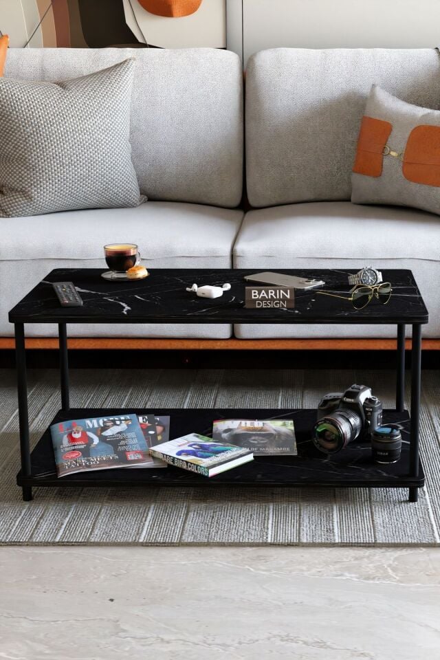 Çevir Tak Dikdörtgen Orta Sehpa 2 Raflı Salon ve Ofis Dekorasyonunda Tamamlayıcı Dekoratif Şık Sehpa Siyah Mermer