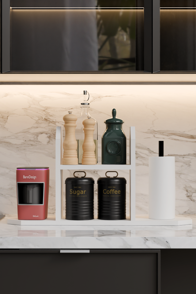 Mutfak Düzenleyici Raf ,Baharatlık, Kağıt Havluluk , Kahve Köşesi Standı, Peçetelik Tezgahüstü Raf Beyaz