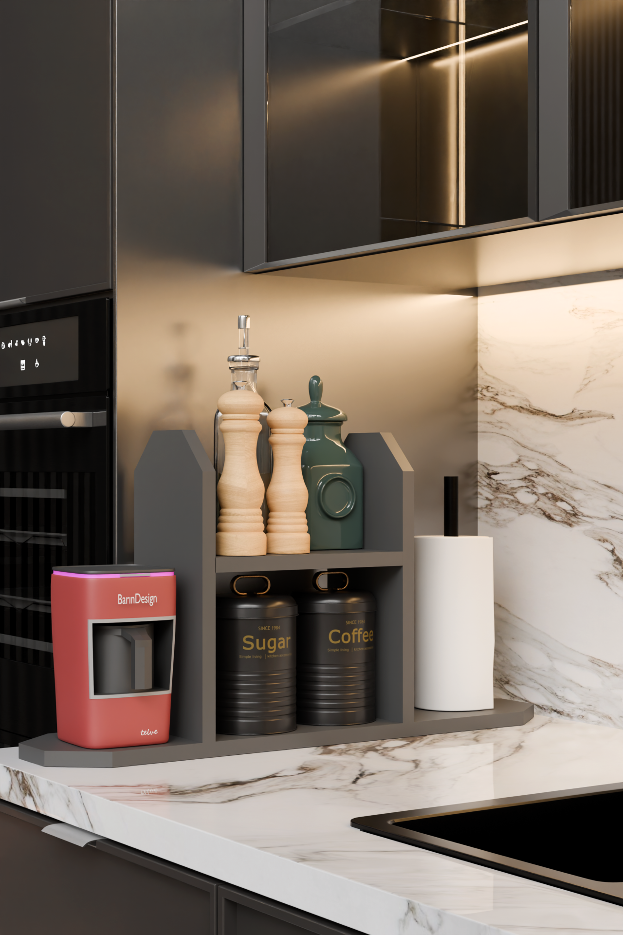 Mutfak Düzenleyici Raf ,Baharatlık, Kağıt Havluluk , Kahve Köşesi Standı, Peçetelik Tezgahüstü Raf Antrasit