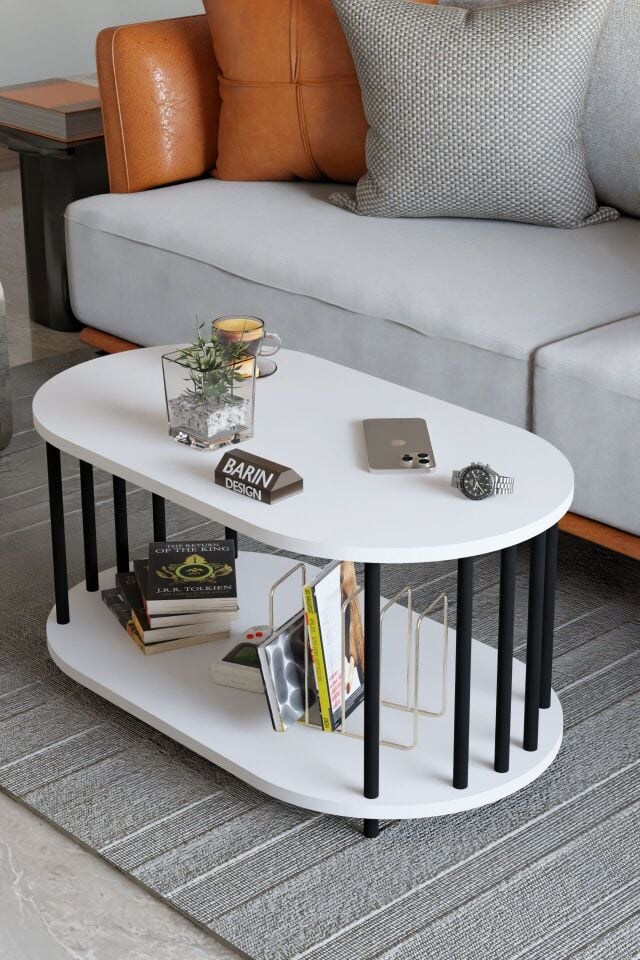 Modern Oval Orta Sehpa Çift Katlı Metal Ayaklı Salon, Ofis, Dekoratif Sehpa, Kahve sehpası Beyaz